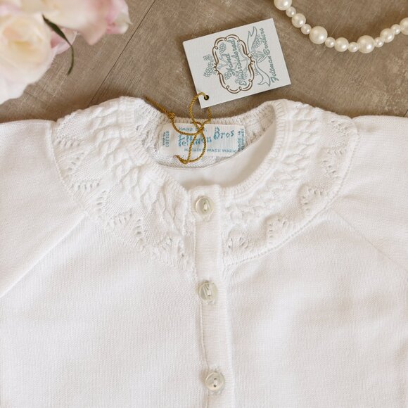 White 100% Cotton Pointelle Cardigan Sweater Newborn Feltman Brothers NWT - Picture 2 of 7